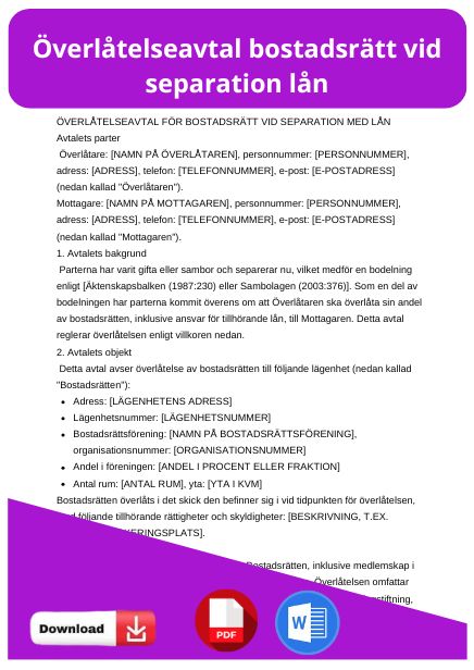 mall overlatelseavtal bostadsratt vid separation lan