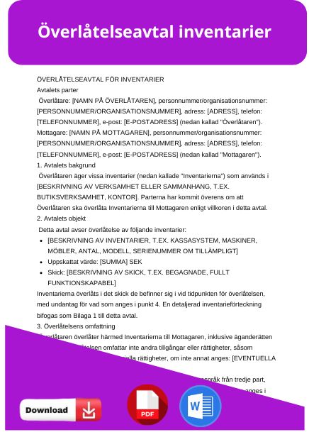 mall overlatelseavtal inventarier