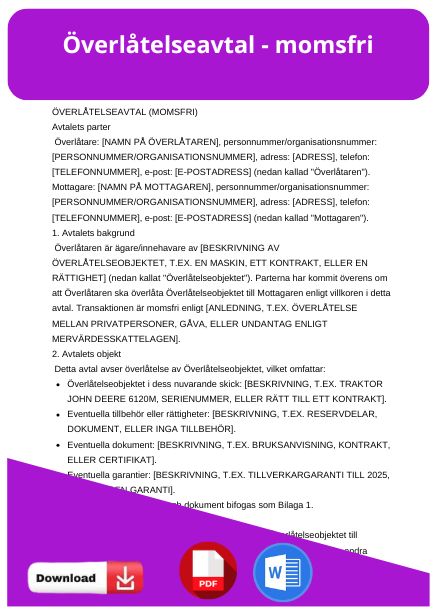 mall overlatelseavtal momsfri